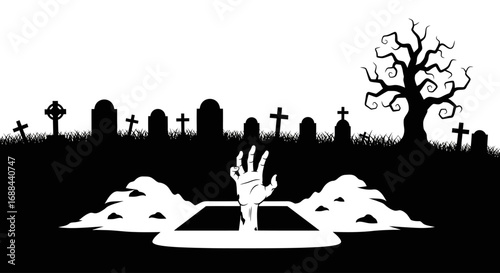 Open Grave with Zombie Hand Silhouette