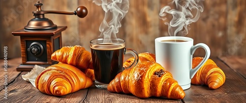 Steaming coffee, flaky croissants, vintage grinder on rustic wood,  cozy,  rustic