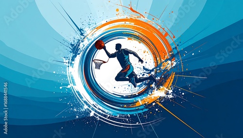Dynamic basketball player in mid-air, vibrant colors, abstract background
