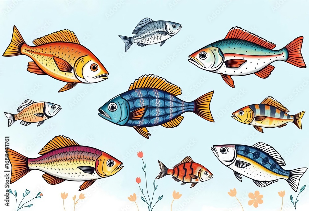 Fototapeta premium Stylish hand-drawn fish illustrations on trendy backgrounds, perfect for posters, banners, and labels, bold, modern