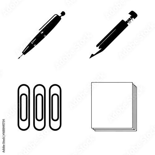 Four simple black and white icons depicting office supplies including a pen highlighter paper clips and a staple remover against a neutral background vector