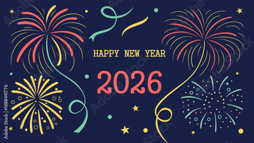 Happy New Year 2026 cityscape fireworks graphic design