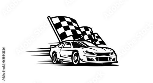 High-res vector illustration of a stock car and a checkered flag. With bold lines and a modular design, this is perfect for a professional racing logo or brand identity.