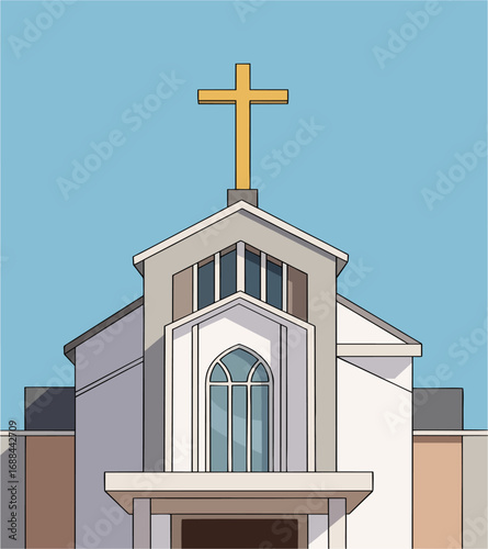 Modern Chapel with Large Golden Cross and Gothic Window Facade Against Blue Sky – Minimalist Christian Architecture Illustration