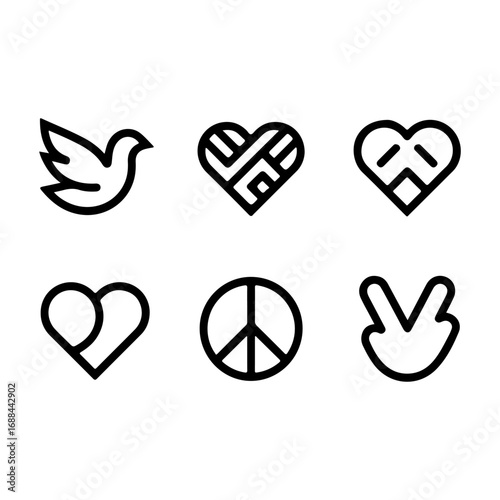 Modern line art icons set representing peace love unity symbols simple dove heart peace sign and victory hand gesture icons vector