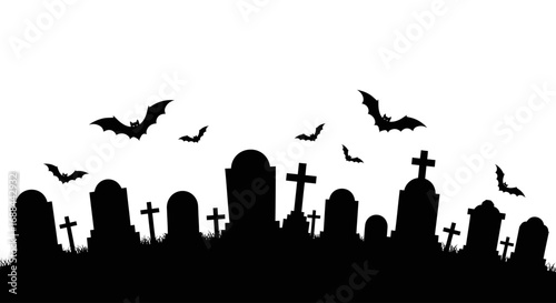 Row of Gravestones with Bats Silhouette