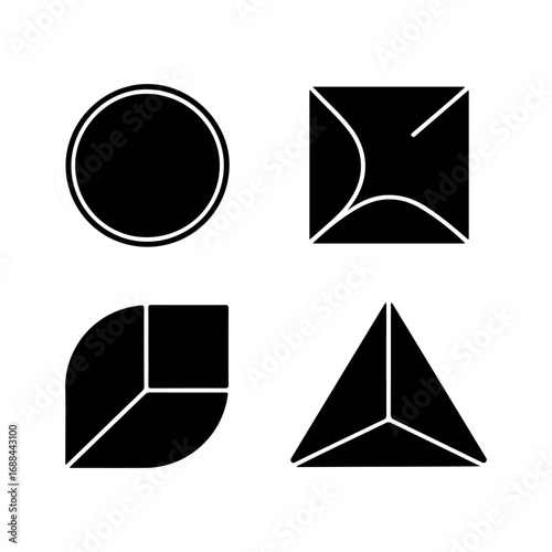 Abstract geometric shapes set featuring circle square quarter circle and triangle with clean lines and bold black fill for modern design concepts vector