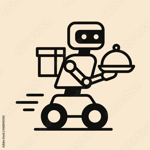 Cartoon robot delivering food with a dish in one hand and a package in the other
