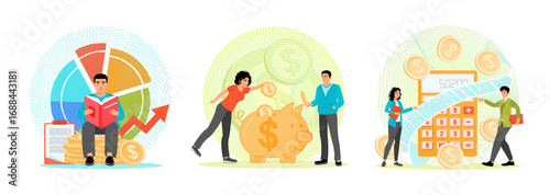 Man Analyzing Financial Data. Couple Saving Money at Piggy Bank. Discussing financial calculations.