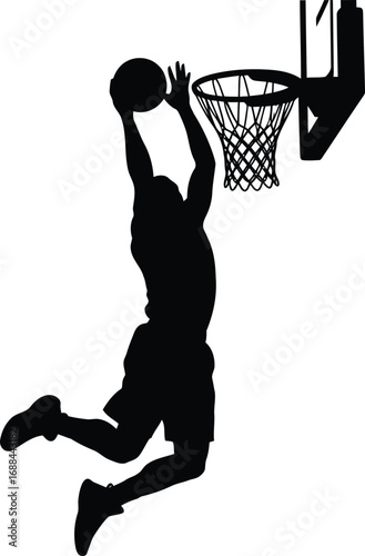 Dynamic silhouette basketball player dunking hoop sport action graphic illustration vector