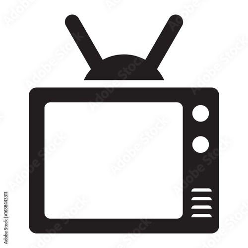 Silhouette of analogue retro TV with antenna and plastic body. Vector illustration. Television box for news and show translation. Isolated white background