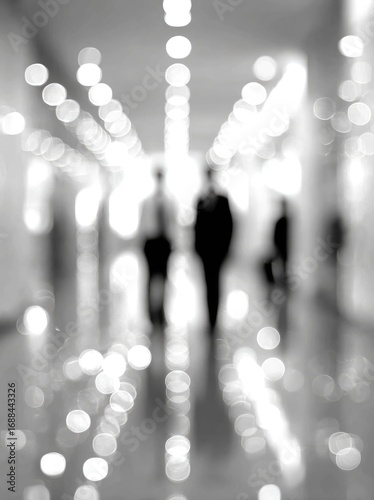 Blurred grayscale image shows three figures walking down a corridor with rows of lights creating a bokeh effect. The focus is soft and ethereal