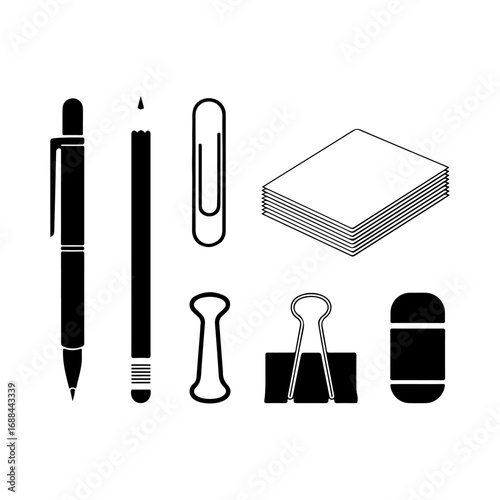 Essential office supplies collection featuring pen pencil paperclips binder clips eraser and notepad for business and education vector