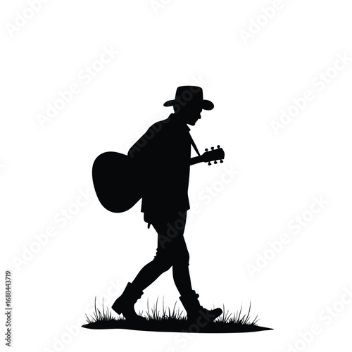 Silhouette of man with guitar walking on grass vector