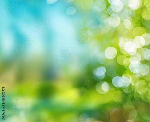 Dreamy blurred nature scene with bokeh turquoise sky fading into greens, yellows, and hints of brown. Creating a soft, abstract visual