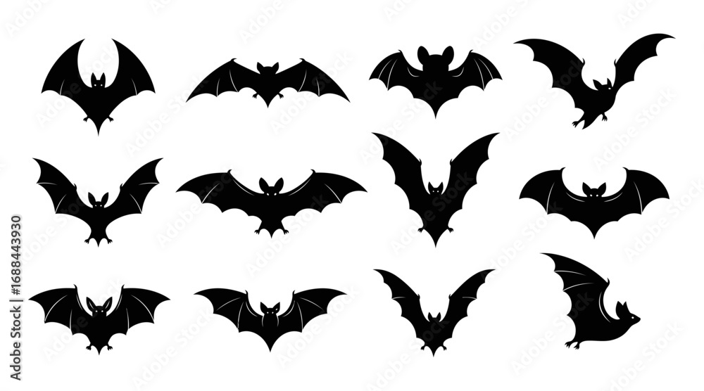 Fototapeta premium Black bat silhouettes perfect for Halloween designs, spooky themes, and creative projects