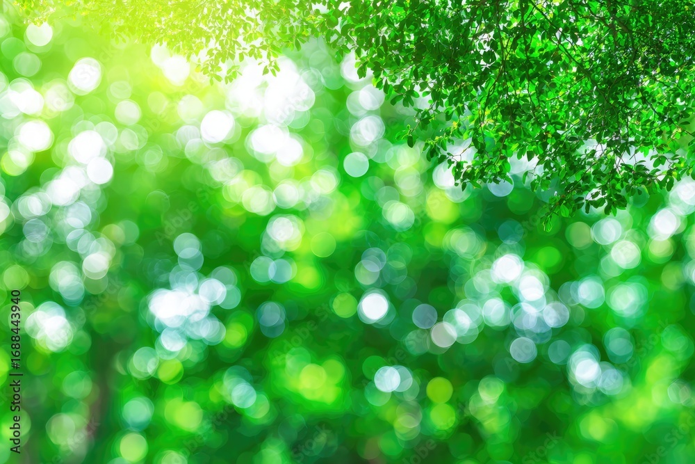 Obraz premium Lush green foliage, partially out of focus, with bright sunlight filtering through the leaves creating a bokeh effect, conveying a vibrant, natural atmosphere