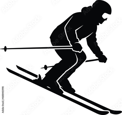 Dynamic silhouette of a skier descending a slope with ski poles engaged in motion vector