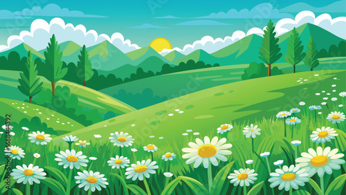 Summer landscape with a vibrant meadow of flowers under a blue sky