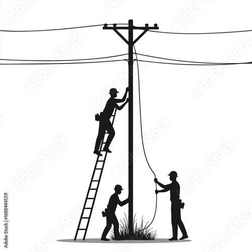 Three linemen working on a utility pole with ladder and wires