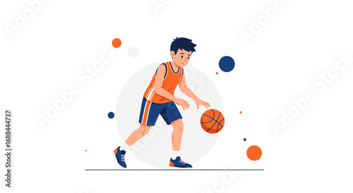 Animated Boy Dribbling Basketball with Modern Design and Flat Illustration Style