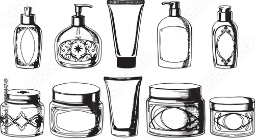 A set of cosmetic containers. Jars, vials, bottles, tubes. Hand drawn vector illustration
