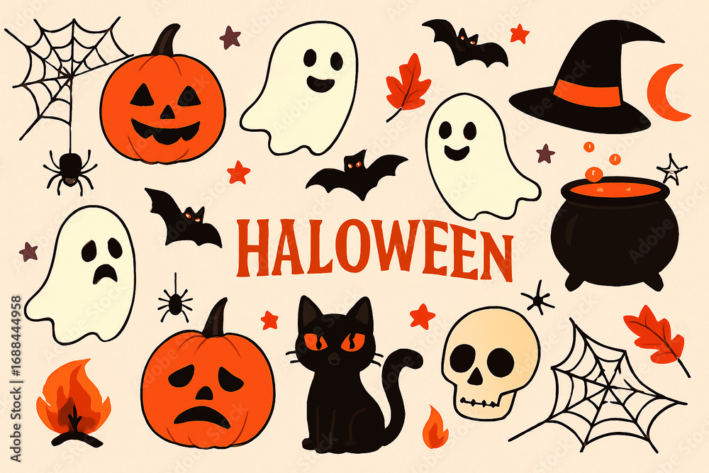 Whimsical Halloween icons featuring ghosts pumpkins and bats