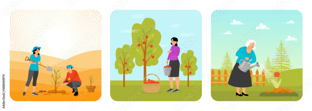 Fototapeta premium Couple Planting Tree. Woman Picking Ripe Apples. Elderly Woman Watering a Flower.
