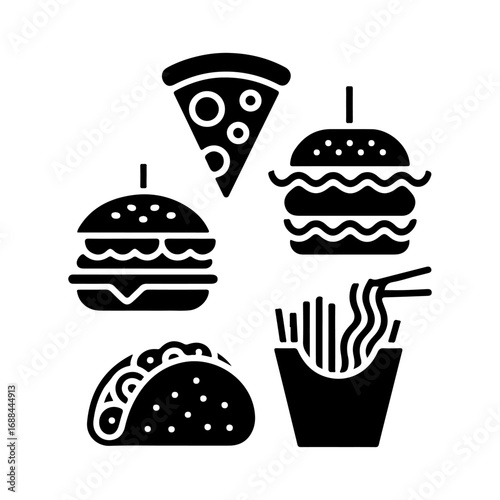 Collection of fast food icons including pizza burger taco fries and noodles for delicious food service and restaurant design elements vector