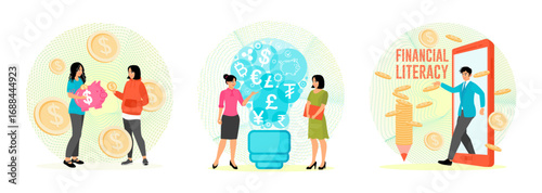 Saving Money Using a Piggy Bank. Discussing Financial Ideas. Smartphone and Floating Coin.