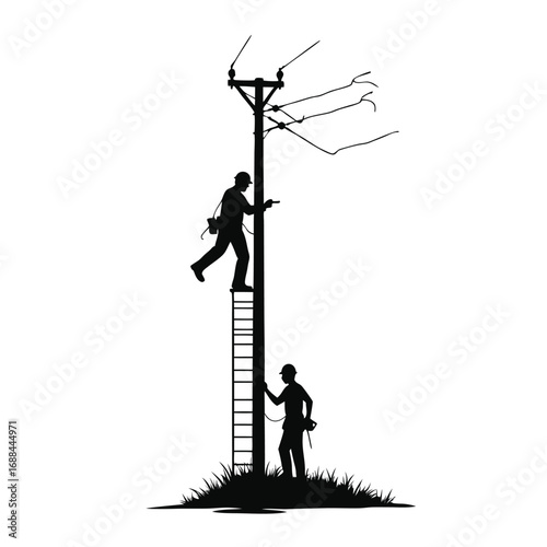 Two linemen working on a telephone pole with a ladder 1