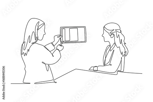 female doctor or vertebrologist showing x-ray image of spine to woman patient. Doctor and patient concept. Single line draw design. Vector graphic illustration