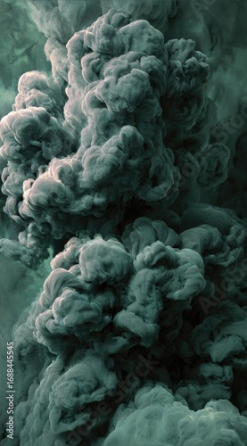 A dense, voluminous cloud of dark teal-green smoke billows upwards, creating a dramatic and surreal texture against a blurry gradient background