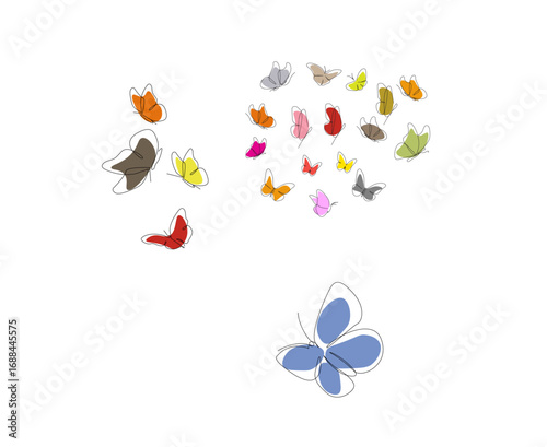 Flock of butterflies in line art