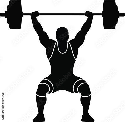 Silhouette of a weightlifter performing a clean and jerk exercise with a barbell overhead vector