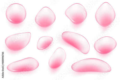 Pink water drops on white background. 3d jelly serum and cosmetic transparent oil. Liquid gel and cream for skincare. Vector soap bubbles of shampoo and shower gel.