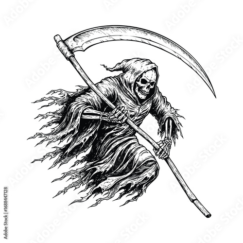 hand drawn grim reaper skull holding scythe black and white vector illustration