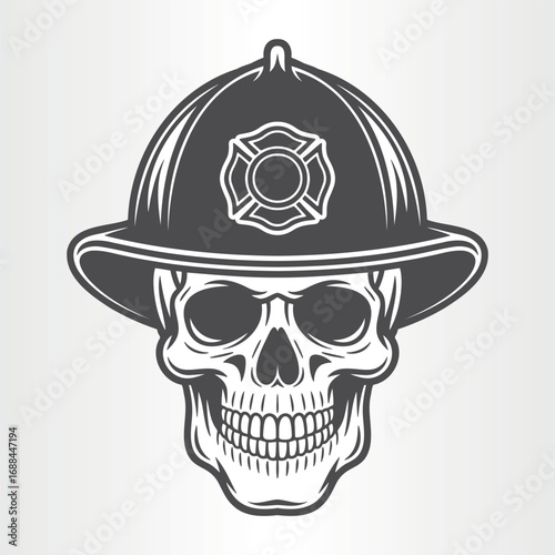 Skull wearing a firefighter helmet isolated on white background