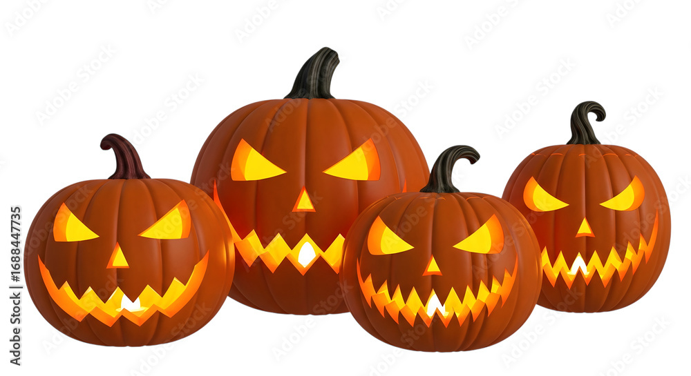 Fototapeta premium A group of four carved halloween pumpkins with scary faces, glowing from within, isolated on transparent background