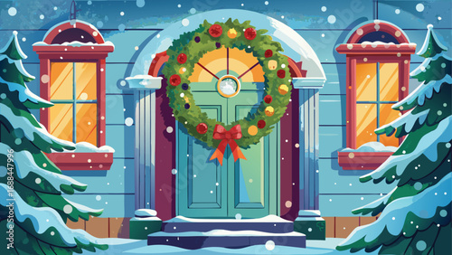 Vintage Christmas architecture featuring Santa Claus in a window, door, and snow