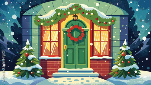 Vintage Christmas wooden house with an old stone arch and snow-covered window