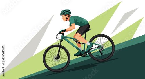 Cyclist Is Riding A Mountain Bicycle On A Green And Grey Sloping Surface