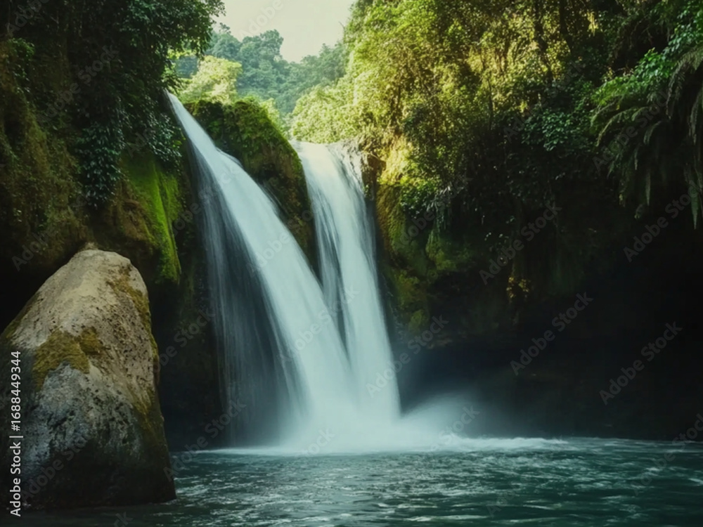 Fototapeta premium Scenic waterfall with turquoise water in lush forest, peaceful natural landscape, ideal for travel, adventure, and nature photography.