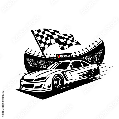 Stylish NASCAR race car vector art. Strong lines, dynamic pose, checkered flag, stadium backdrop. Clean white background.