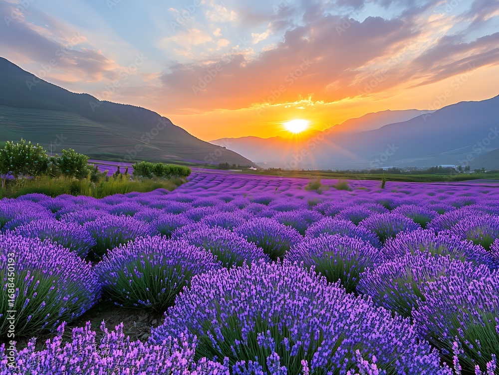 Obraz premium Endless Lavender Field with Shades of Purple, Extending to Mountain Foot at Sunset, Orange Sun & Blue-Pink Sky