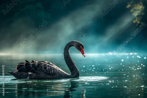 Fototapeta Naklejka Na Ścianę i Meble -  Mysterious black swan glides through misty water with ethereal light