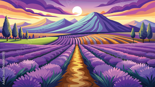 The stunning mountain landscape silhouette at sunset or sunrise is a beautiful vector illustration of nature, sky, and sun