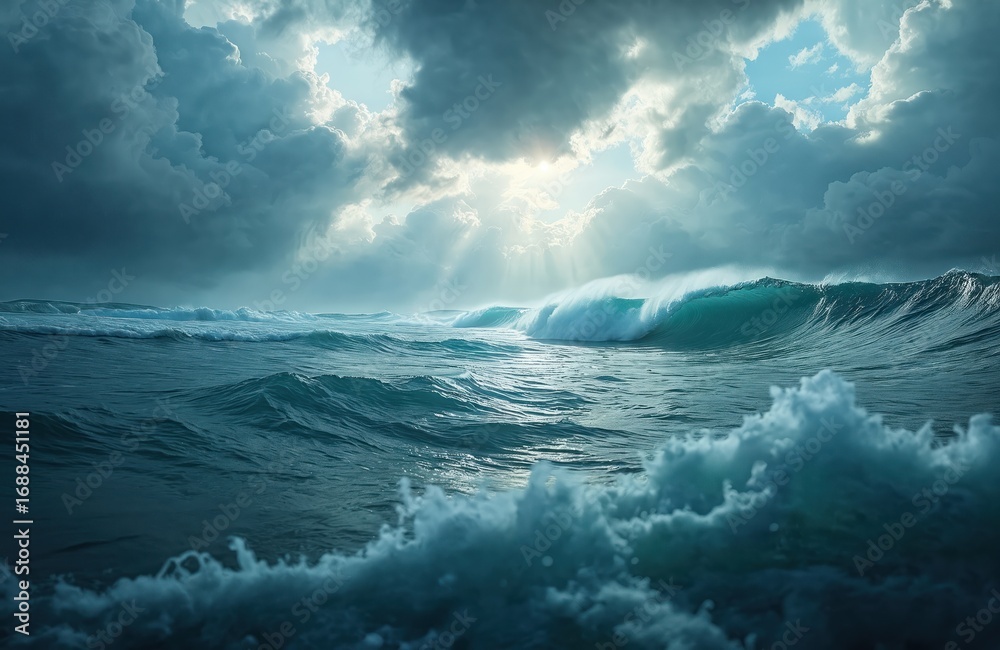 Fototapeta premium Dramatic seascape featuring powerful ocean waves crashing under stormy sky. Sunlight breaks through dark clouds, illuminating turbulent blue water with white foam, spray. Sense of raw, untamed