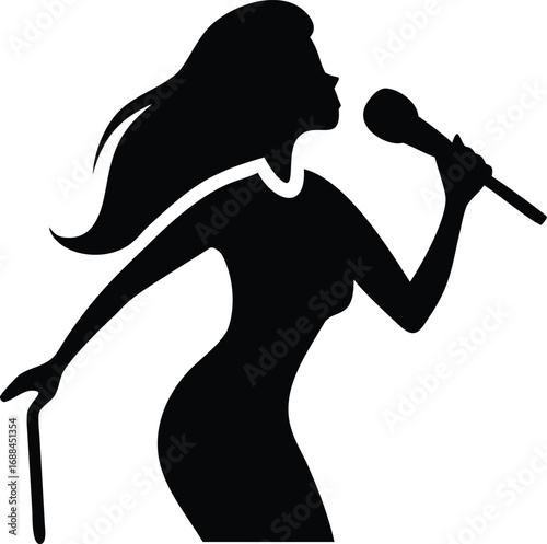 Female singer silhouette performing with microphone isolated on transparent background