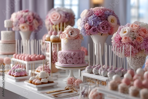 A beautiful table with desserts, sweets, and a candy display, featuring wedding-themed treats like cupcakes and cake pops